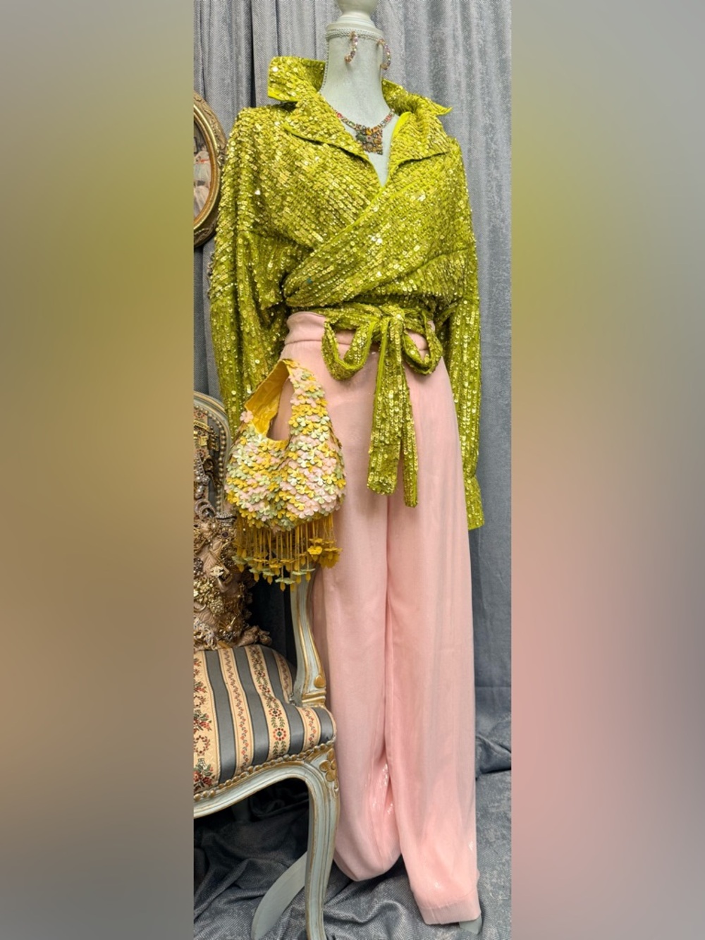 Pink Sequin Wide-Leg Pants and Bag